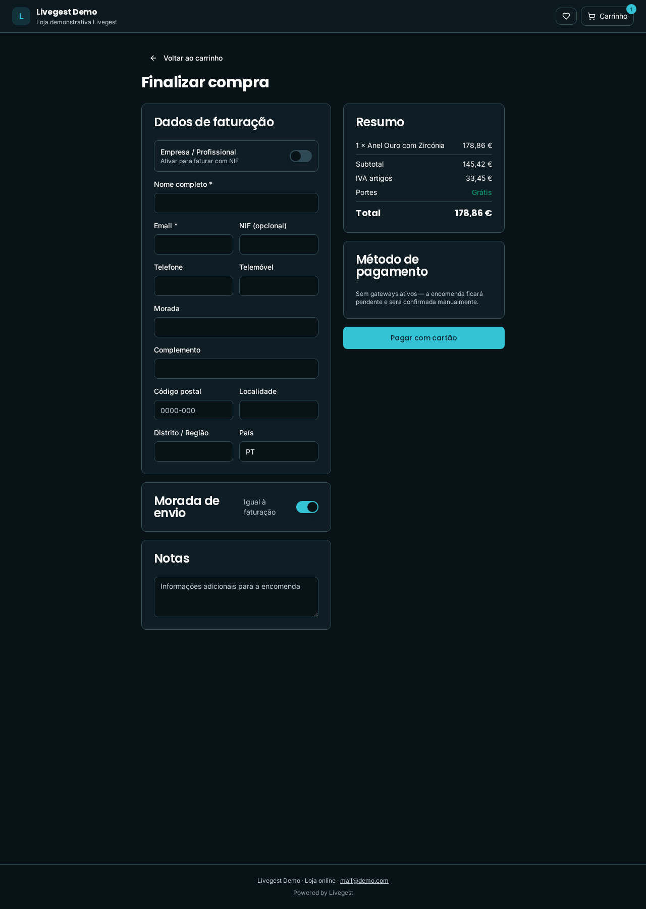 Tienda Livegest — Checkout Stripe y Bizum